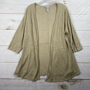 Catherines Open Cardigan 0X Tan Linen Blend Topper Lightweight 3/4 Sleeve Knit